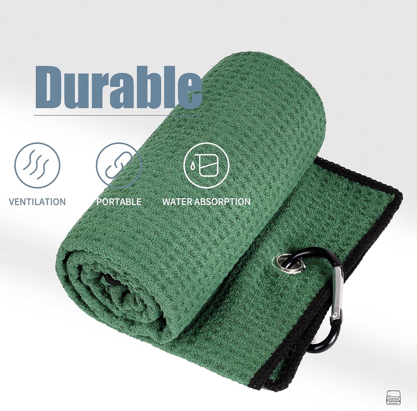 Tri-Fold Golf Towel | Premium Microfiber Fabric | Waffle Pattern | with Heavy Duty Carabiner Clip | Golf Towel for Men and Women (Greengolf Towel)