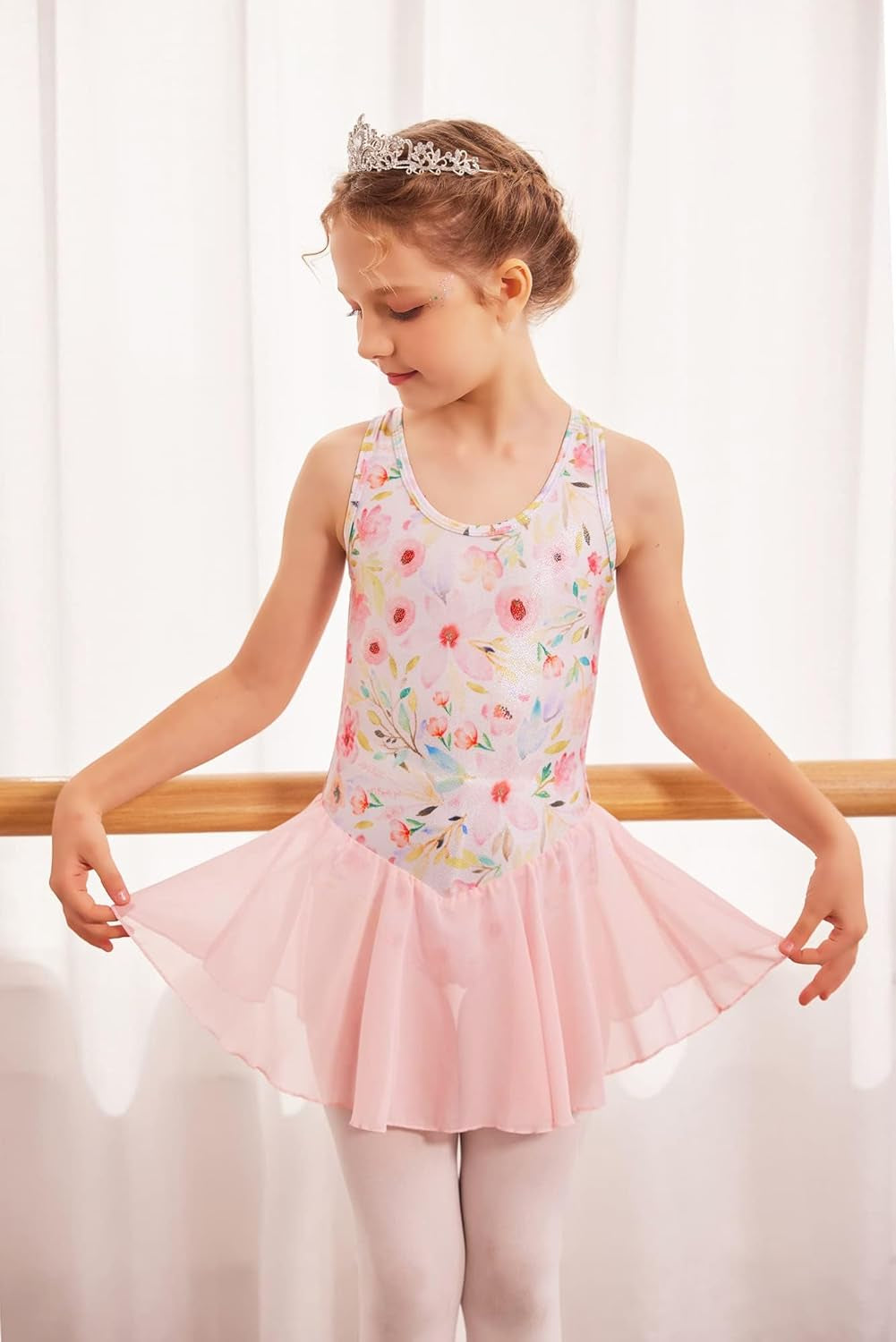 Kid Girls Hollow Back Ballet Leotard with Skirt Sleeveless Dance Dresses