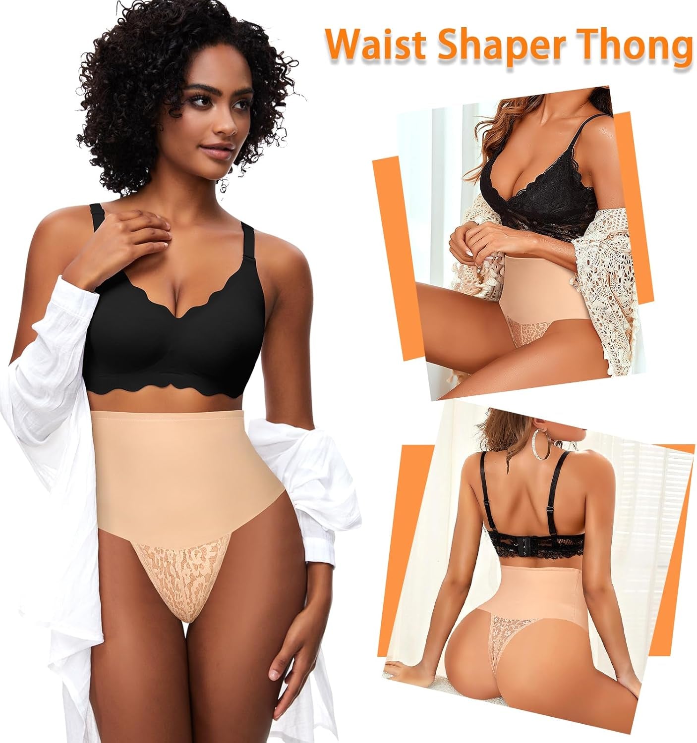 Tummy Control Thong Shapewear for Women Mid High Waisted Body Shaper Underwear Lace Shaping Thong Girdle Panties