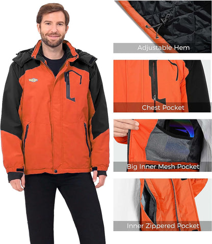 Men'S Mountain Waterproof Ski Jacket Windproof Rain Jacket Winter Warm Hooded Coat