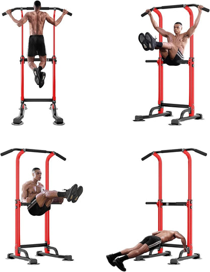 Height Adjustable Power Tower Dip Stands Pull up Bar Strength Training for Home Gym Red