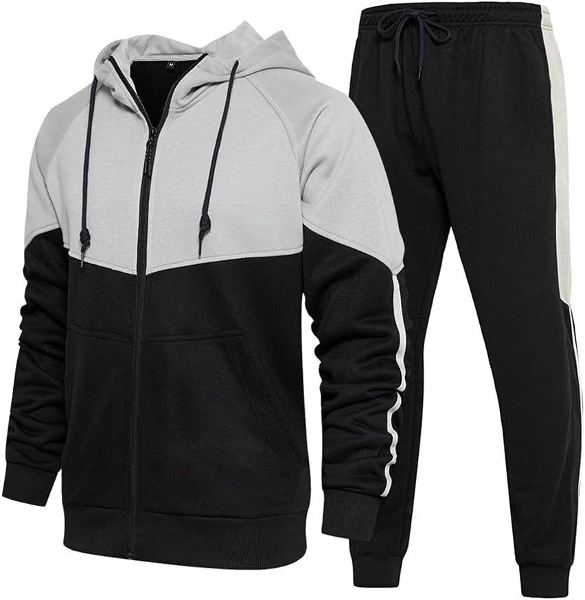 Men'S Hooded Athletic Tracksuit Sweatsuit Long Sleeve Full-Zip Jogging Sweatpants 2 Piece Patchwork Sportsuits