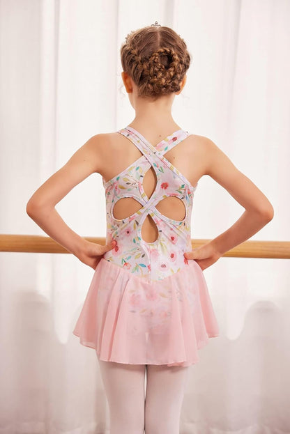 Kid Girls Hollow Back Ballet Leotard with Skirt Sleeveless Dance Dresses