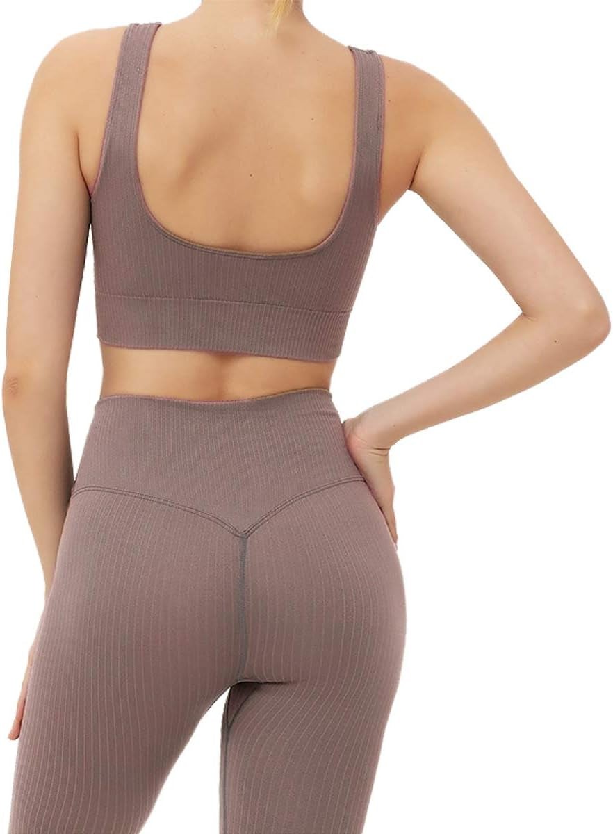 Exercise Outfits for Women 2 Pieces Ribbed Seamless High Waist Yoga Summer Outfits Sports Gym Tracksuits Sweatsuits