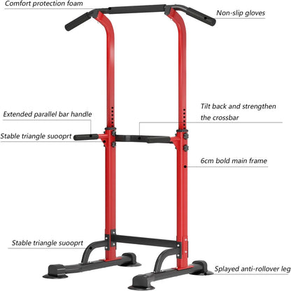 Height Adjustable Power Tower Dip Stands Pull up Bar Strength Training for Home Gym Red