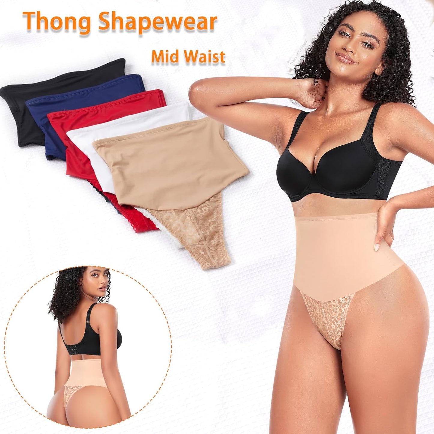 Tummy Control Thong Shapewear for Women Mid High Waisted Body Shaper Underwear Lace Shaping Thong Girdle Panties