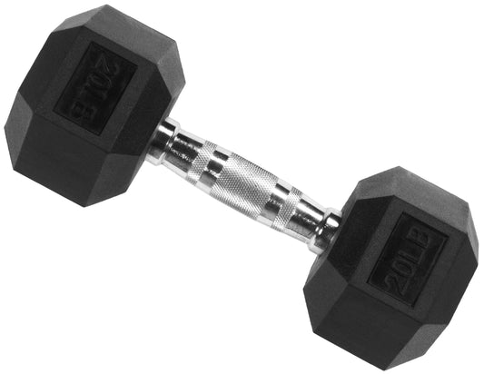 Rubber Encased Hex Dumbbell, 20 Lb, Single, Black