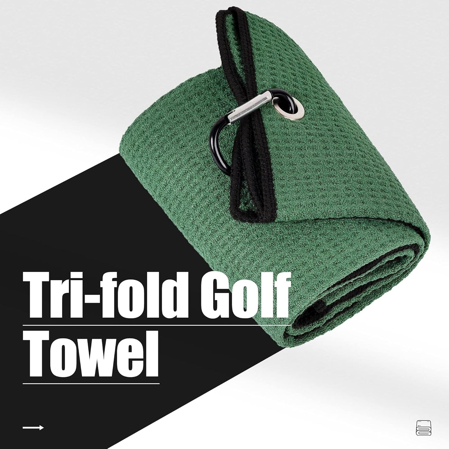 Tri-Fold Golf Towel | Premium Microfiber Fabric | Waffle Pattern | with Heavy Duty Carabiner Clip | Golf Towel for Men and Women (Greengolf Towel)