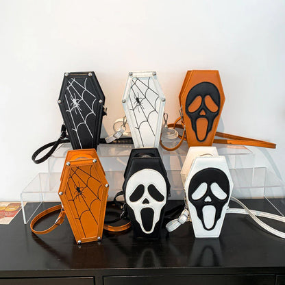 Halloween Coffin-Shape Shoulder Bag Gothic Ghost Spider Web Messenger Crossbody Bag Kids Personality Phone Bag for Women