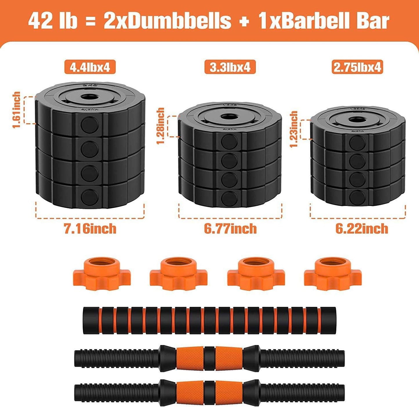 Adjustable Weights Dumbbells Set, 44Lbs 2 in 1 Weights Barbell Dumbbells Non-Slip Neoprene Hand with Connecting Rod for Adults Women Men Fitness,Home Gym Exercise Training Equipment YA018