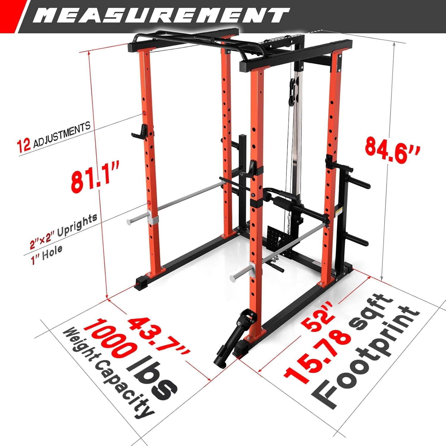 Power Cage with Optional LAT Pulldown/Cable Crossover, 1000LB Squat Rack for Home & Garage Gym, with Weight Storage Rack and More Training Attachments, Astm-Certified