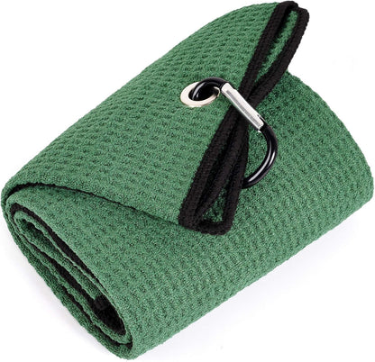 Tri-Fold Golf Towel | Premium Microfiber Fabric | Waffle Pattern | with Heavy Duty Carabiner Clip | Golf Towel for Men and Women (Greengolf Towel)