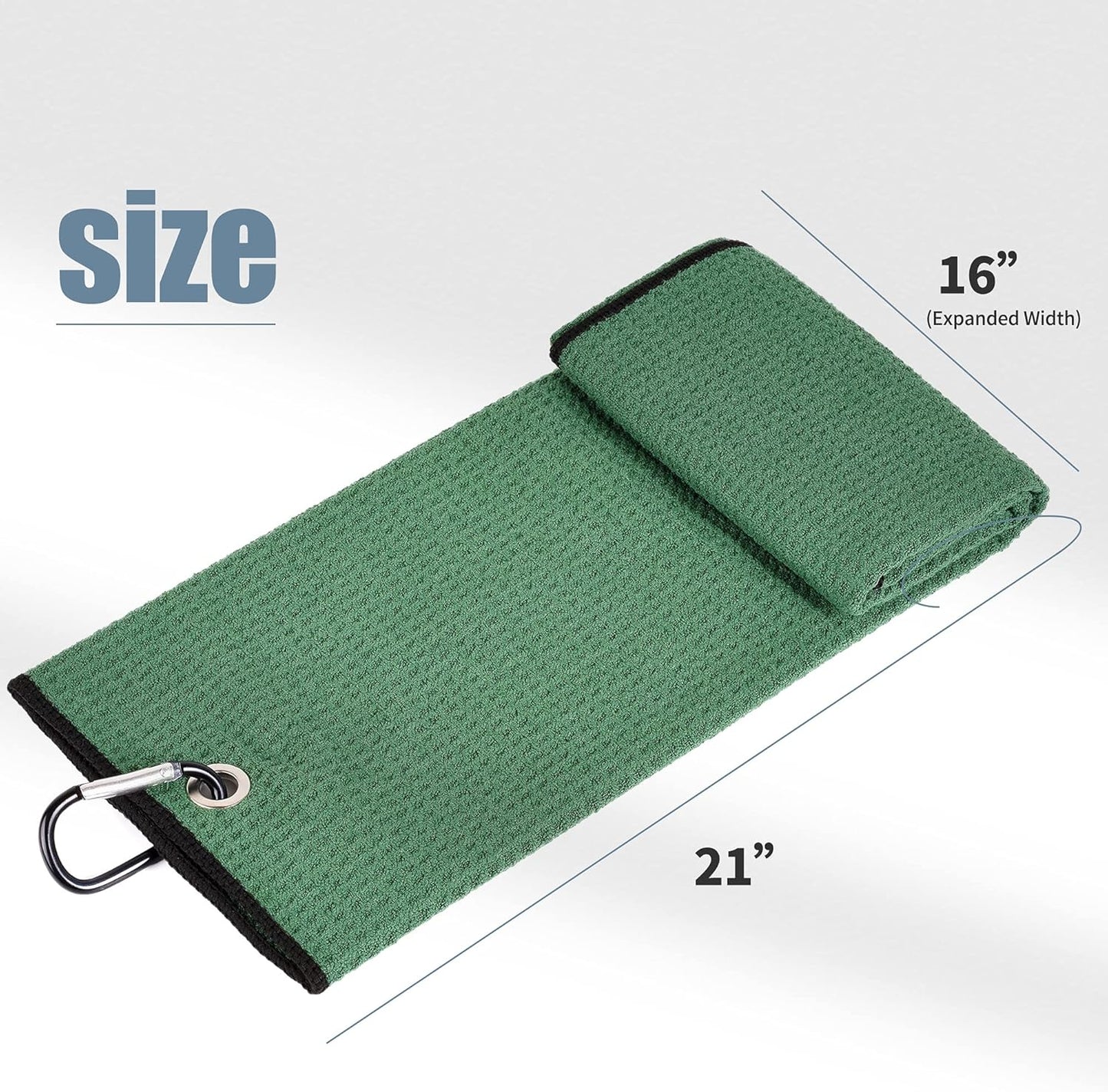 Tri-Fold Golf Towel | Premium Microfiber Fabric | Waffle Pattern | with Heavy Duty Carabiner Clip | Golf Towel for Men and Women (Greengolf Towel)